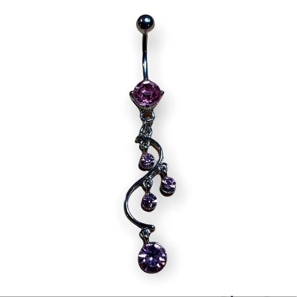 Silver Pink Gem Dangle Belly Ring - Picture 1 of 2